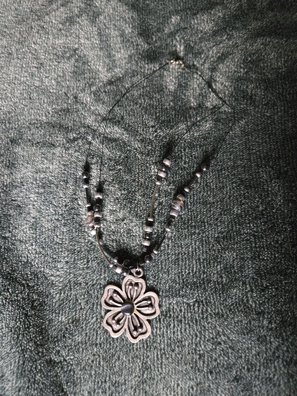 Silver Beaded Flower Charm Necklace 🌸